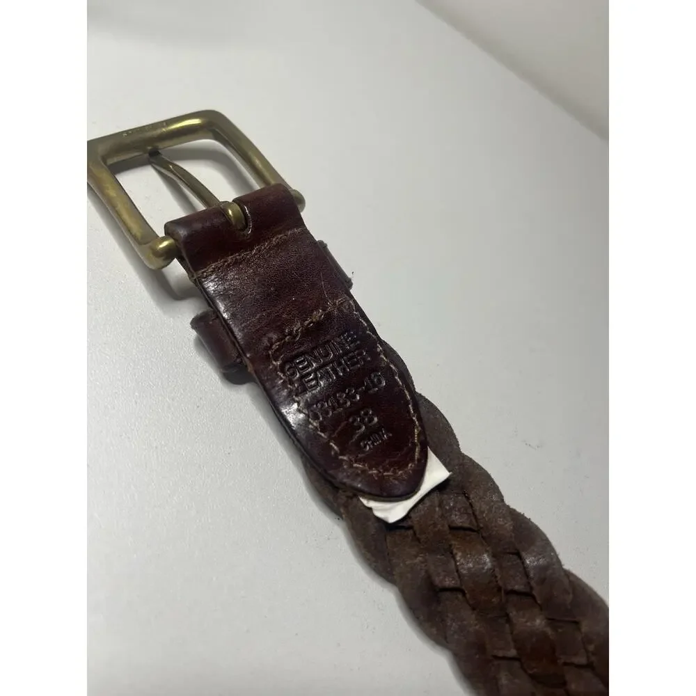 Braided Genuine Leather Belt Mahogany Brown Gold Buckle Woven Gaucho 38